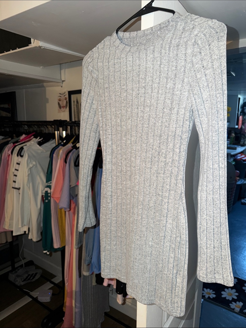 SHEIN Light Gray Ribbed Crewneck Sweater Dress